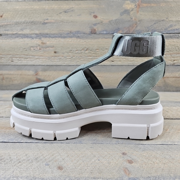 UGG Ashton Heritage Women's Platform Sandals Moss Green Suede Logo Strap - Picture 6 of 13